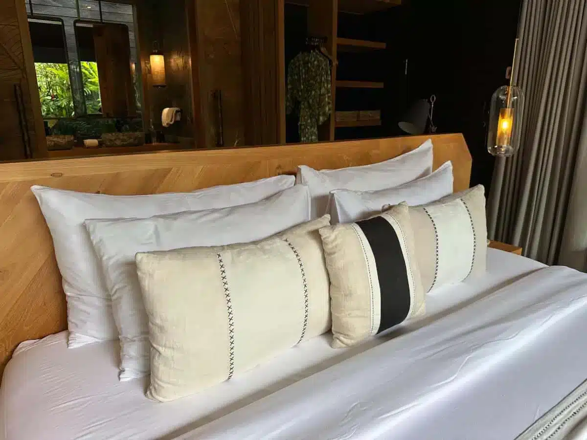 Close-up of white and neutral-toned decorative pillows on king-size bed with wooden headboard at Desa Hay Bali