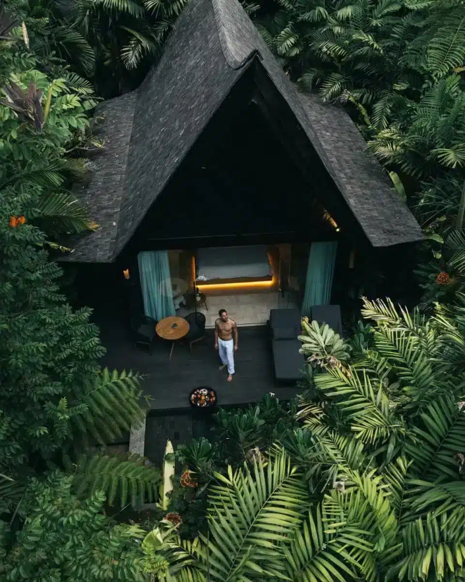 Aerial view of the Premium Jabu Villa at Desa Hay Bali showing the pitched roof terrace with sunbeds and guest by the plunge pool