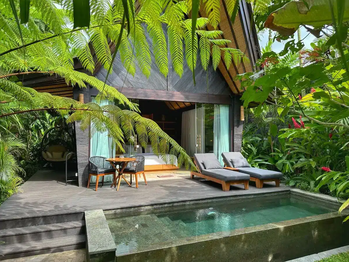 Villa terrace and private plunge pool seen from garden level with tropical plants and thatched umbrella at Desa Hay Bali