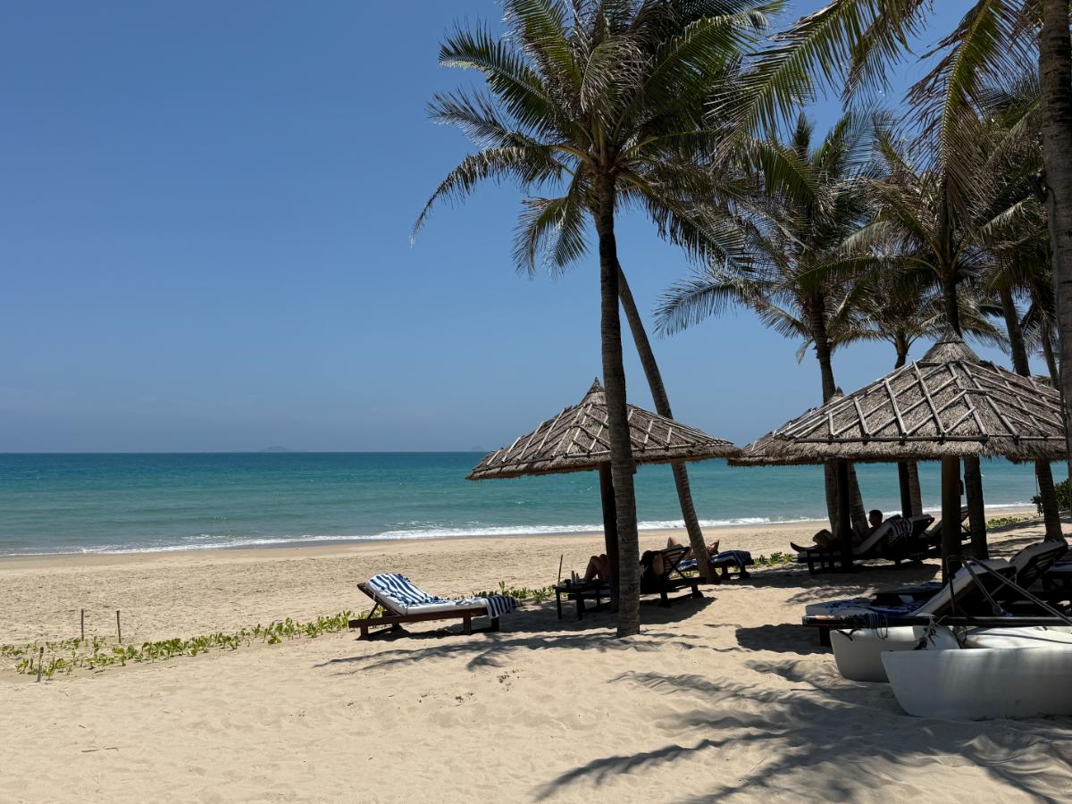 Strand mit strohgedeckten Sonnenschirmen, Sonnenliegen und Palmen entlang der Küstenlinie im The Anam Cam Ranh