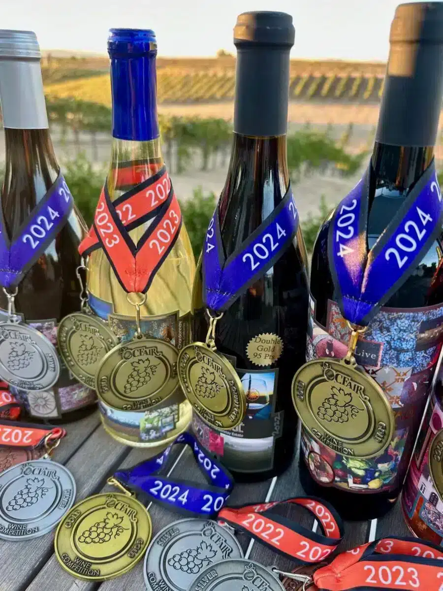 Domaine Chardonnay award-winning wine bottles adorned with gold and silver competition medals from 2022 to 2024 vintages with vineyard in background