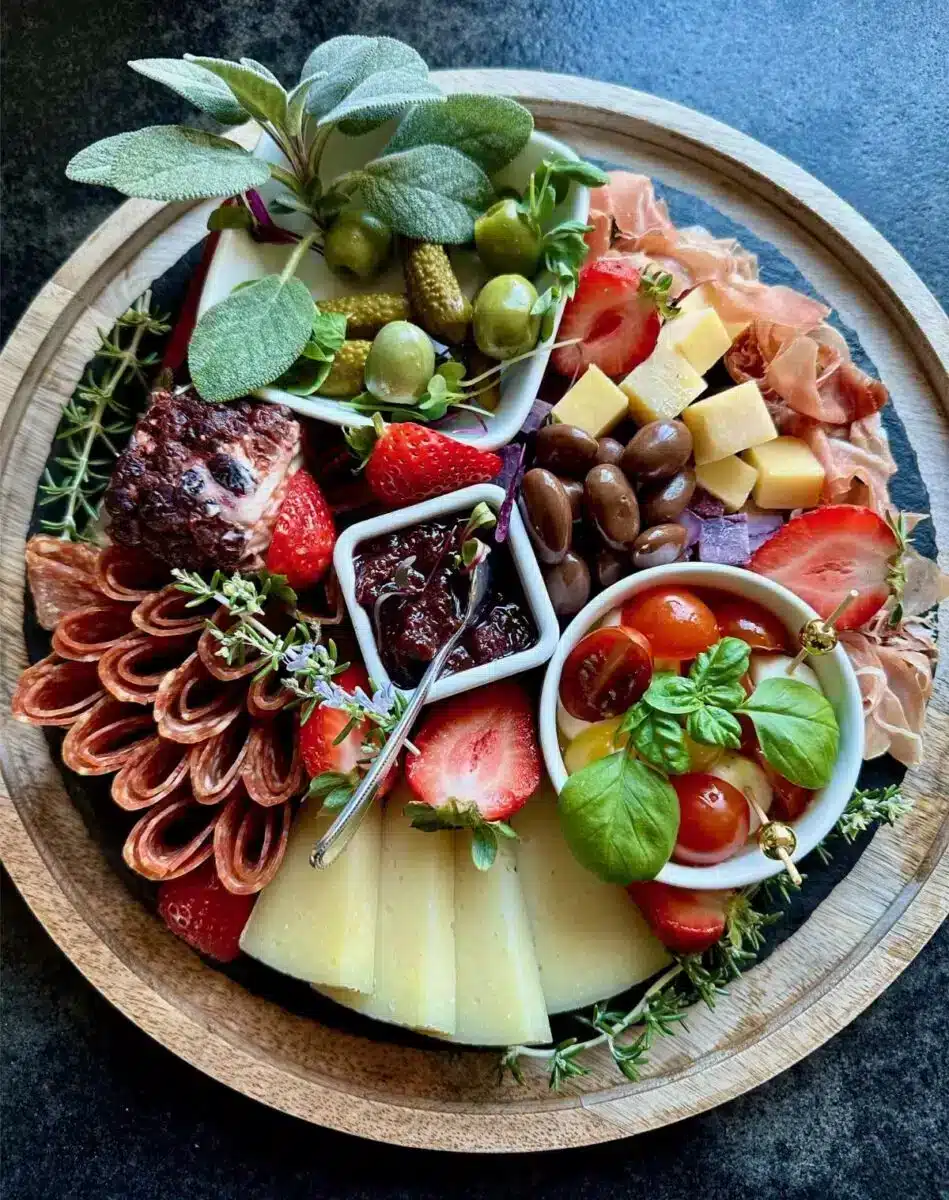Artfully arranged charcuterie board with cured meats, aged cheeses, fresh strawberries, olives, jam and herbs served to guests at Domaine Chardonnay
