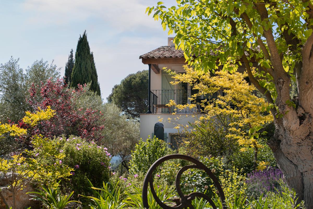 Lush Provençal garden at Lou Calen with flowering shrubs cypress trees stone fountain and villa in the background