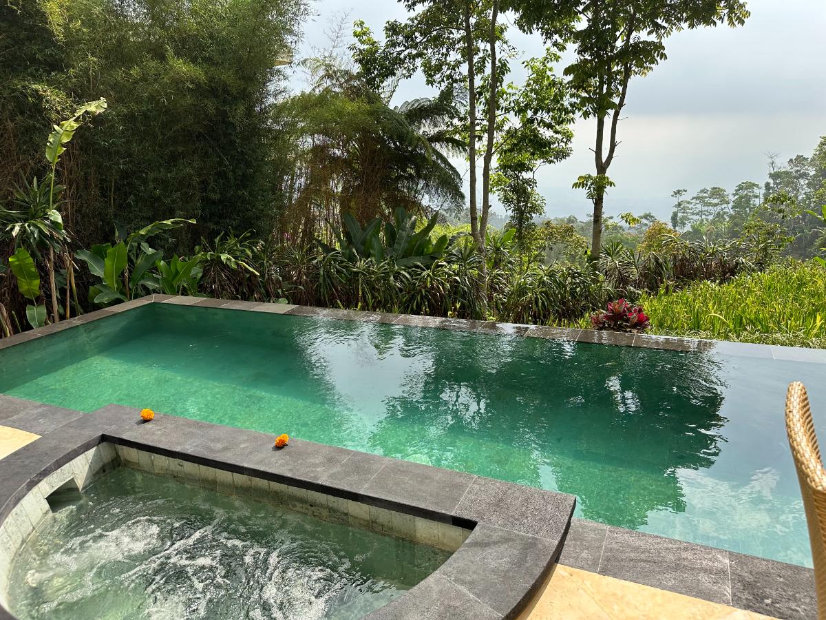 Villa exterior garden path with tropical planting and green private pool at Munduk Moding Plantation Bali