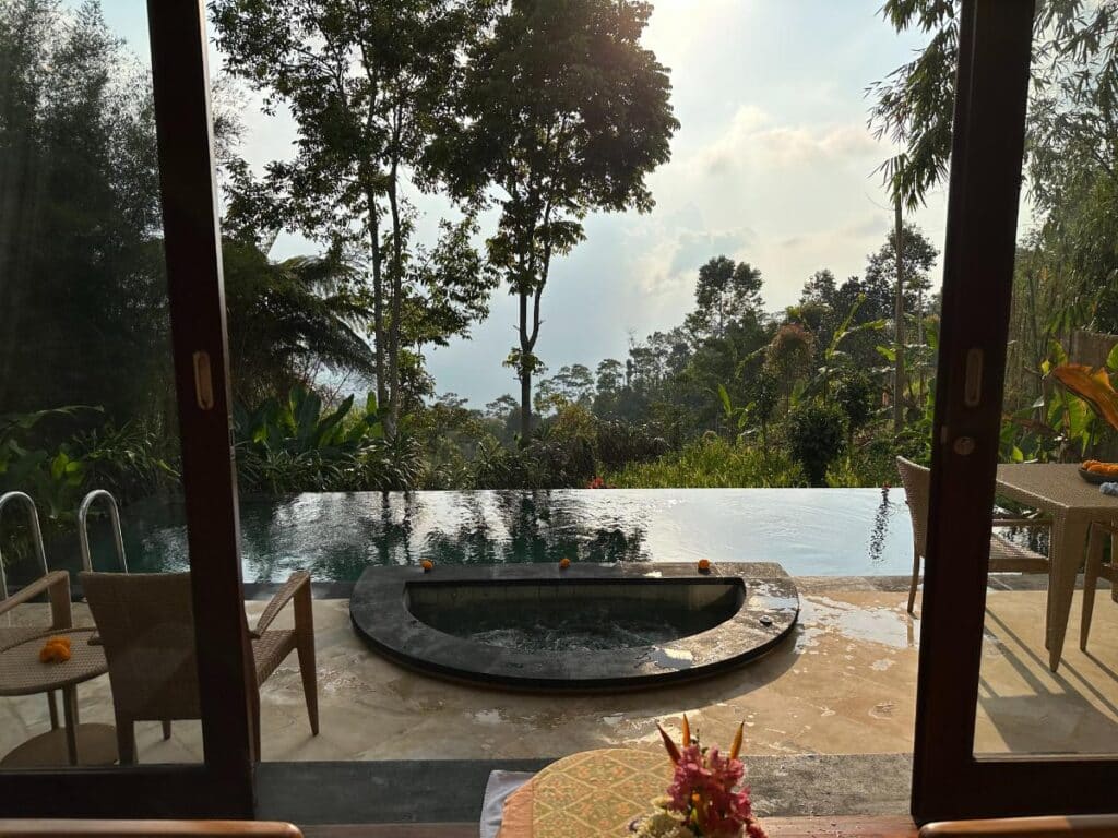View of private villa pool and jacuzzi at Munduk Moding Plantation Bali through open wooden doors framed by tall trees