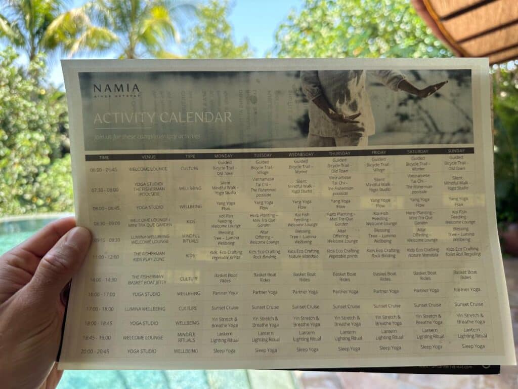 Wöchentlicher Namia-Aktivitätskalender mit kostenlosen Wellness-Kursen, Namia River Retreat, Hoi An, Vietnam